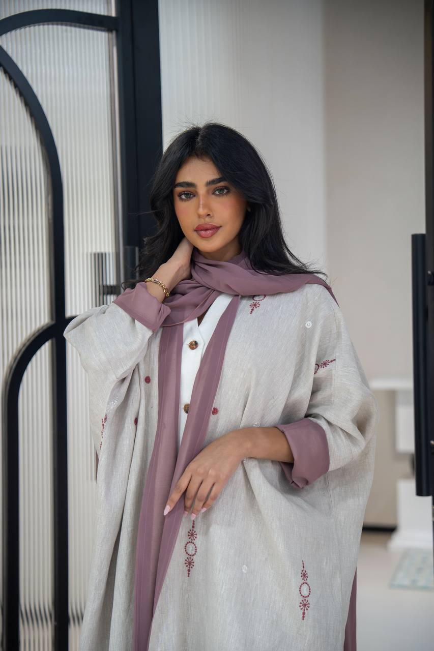 Light beige linen abaya with embroidery C:6622 Beige (Free size)