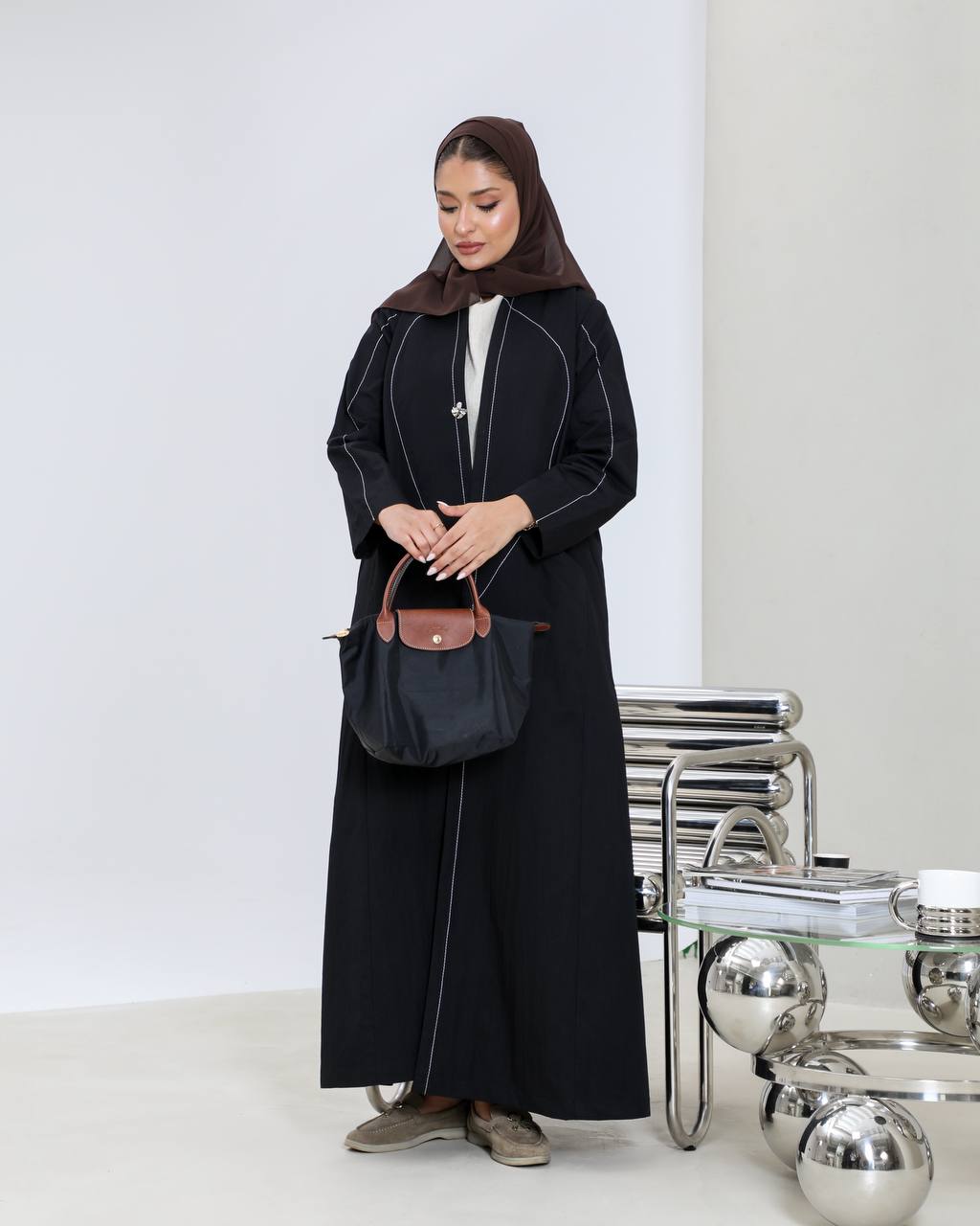 Black trench coat with white embroidery details C:6655