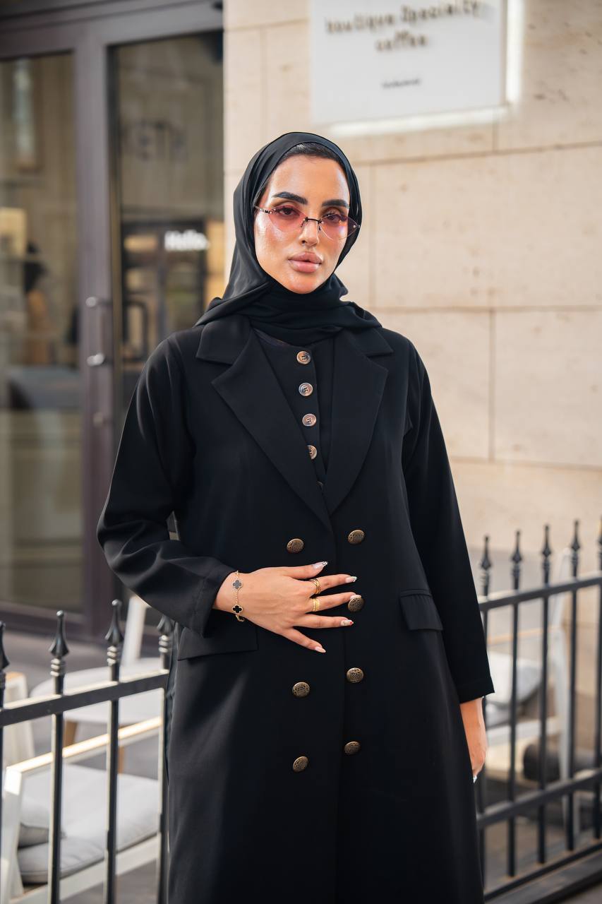 Black crepe blazer abaya with pleated cloche C:6680