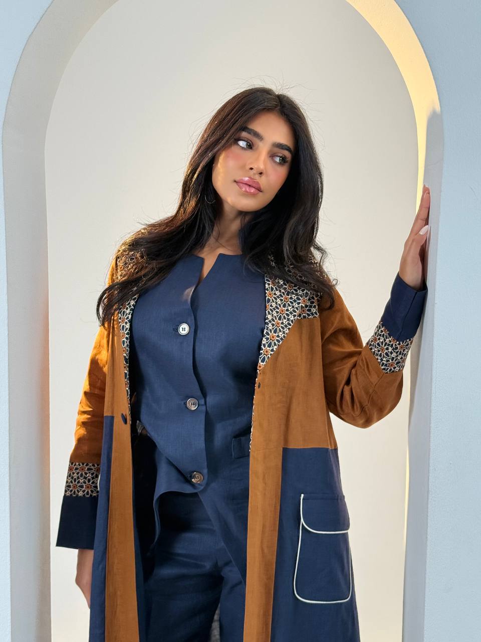 Camel and navy linen abaya with embroidery.C:6692
