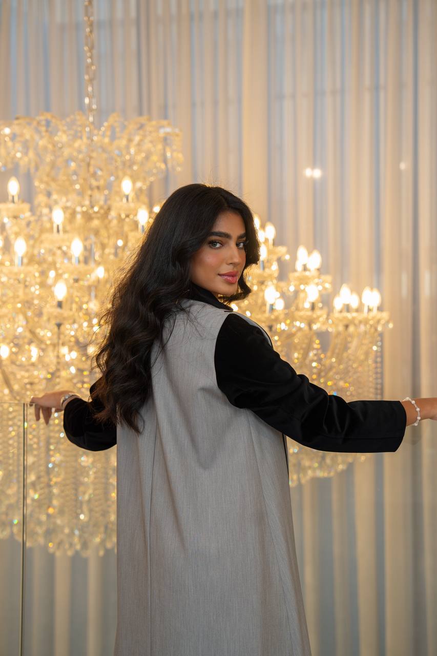 Grey crepe abaya with black velvet. C:6706