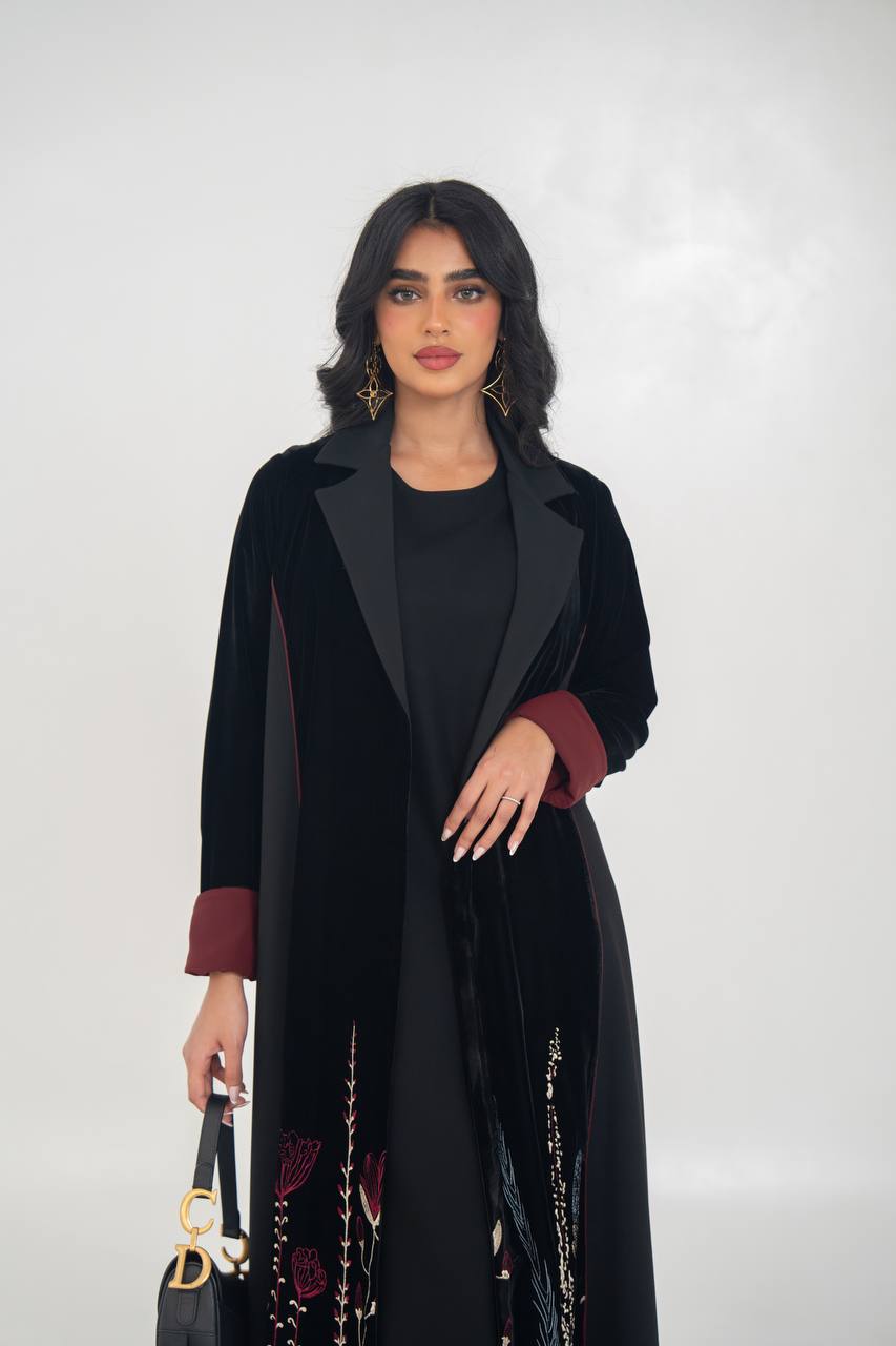 Black velvet blazer abaya with embroidery. C:6712