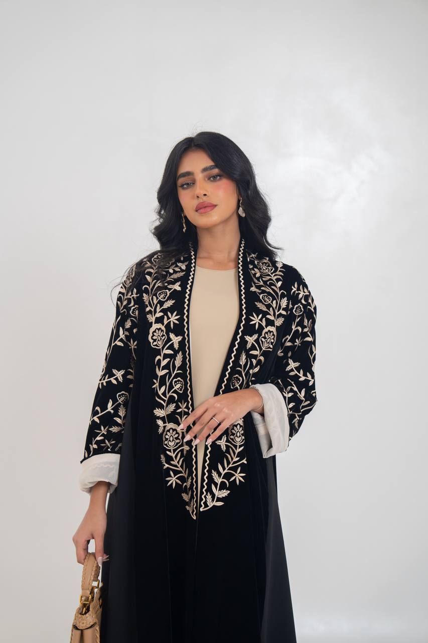 Black velvet abaya with embroidery. C:6710
