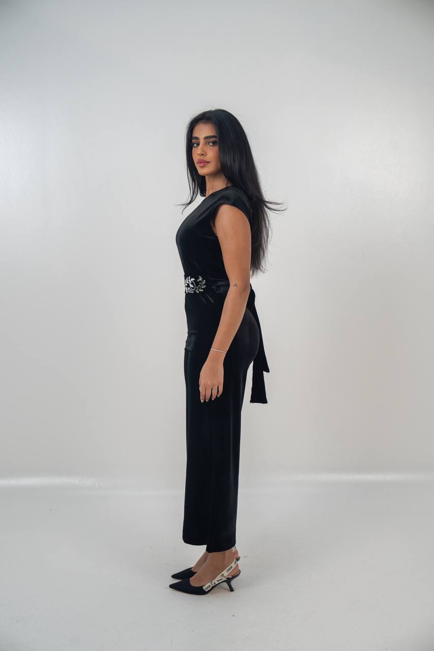 Velvet bisht and jumpsuit set in black with hand embellishment.C:6719