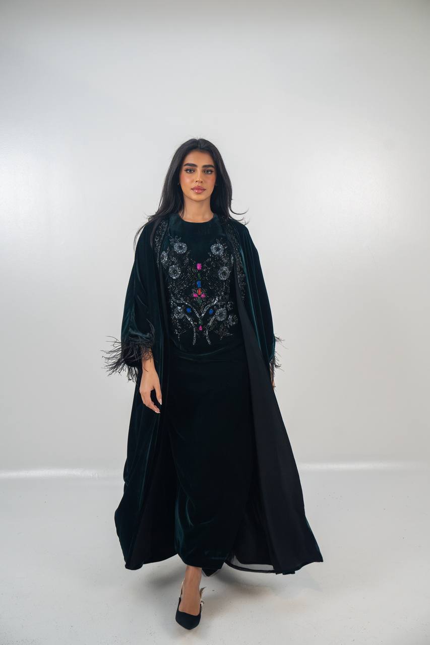 A set of bisht and dress, velvet in olive green with hand embroidery..C:6716