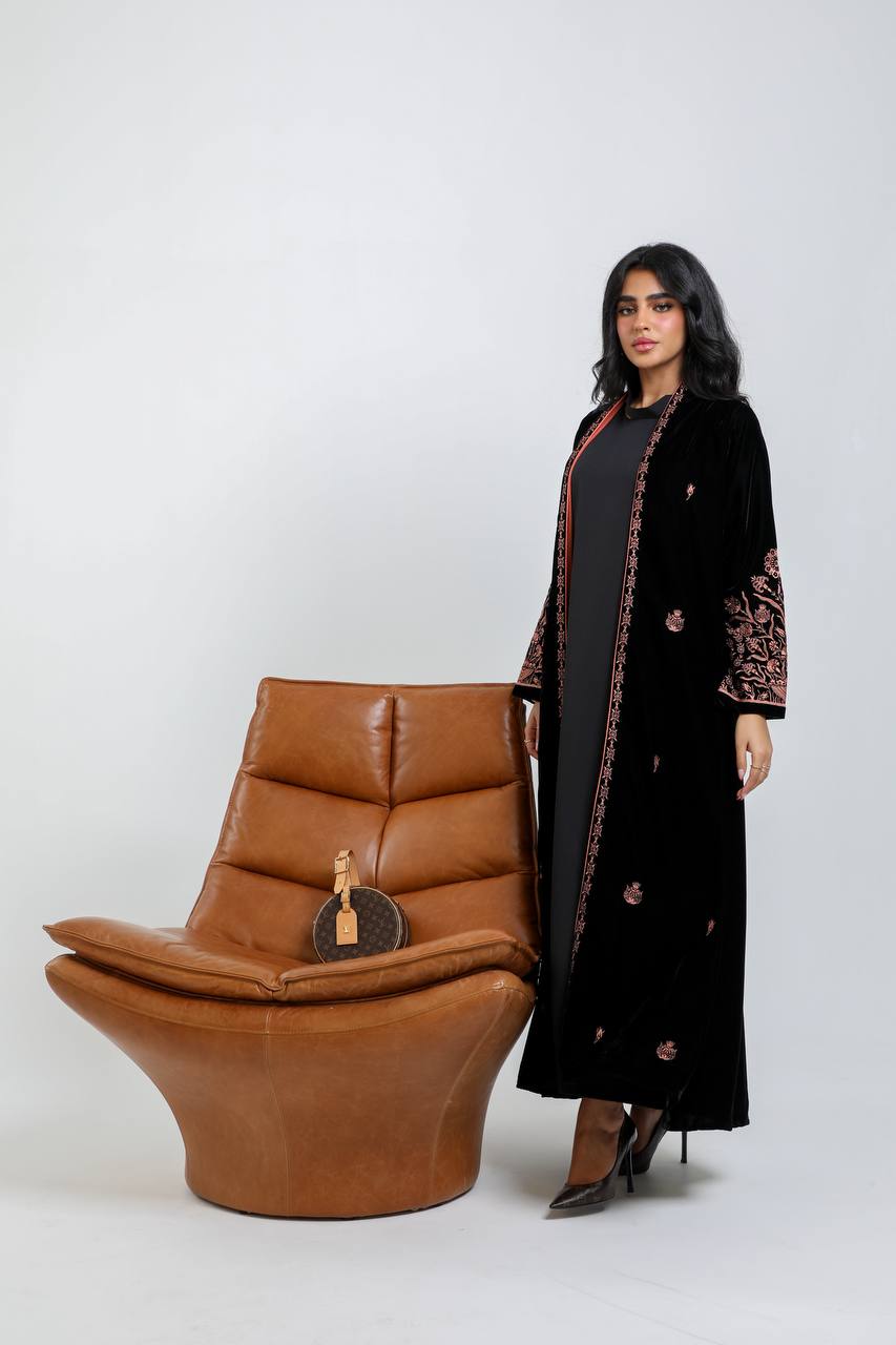 Black velvet abaya with orange embroidery. C:6721