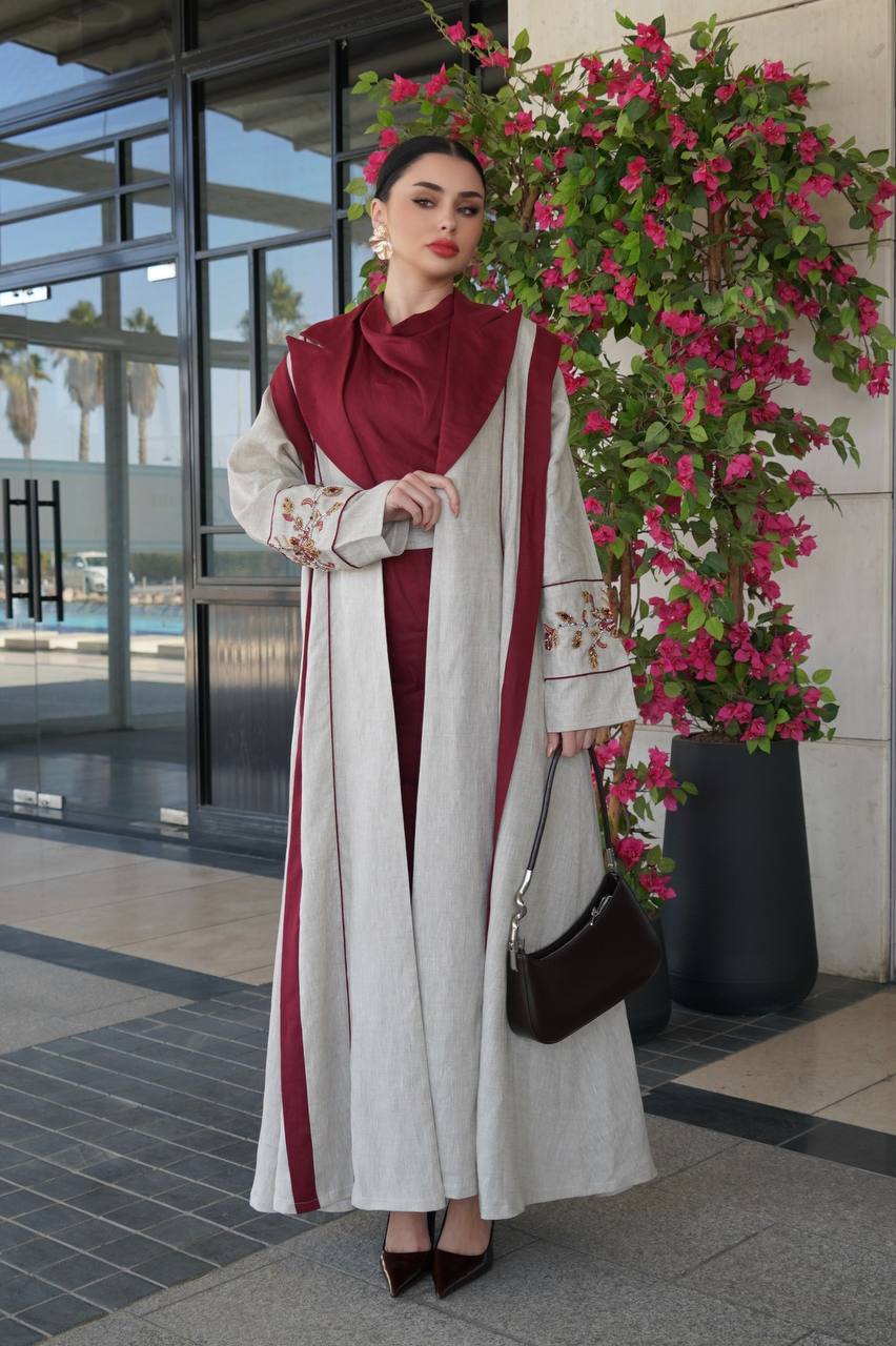 Beige linen blazer abaya with hand-stitched details .C:6755