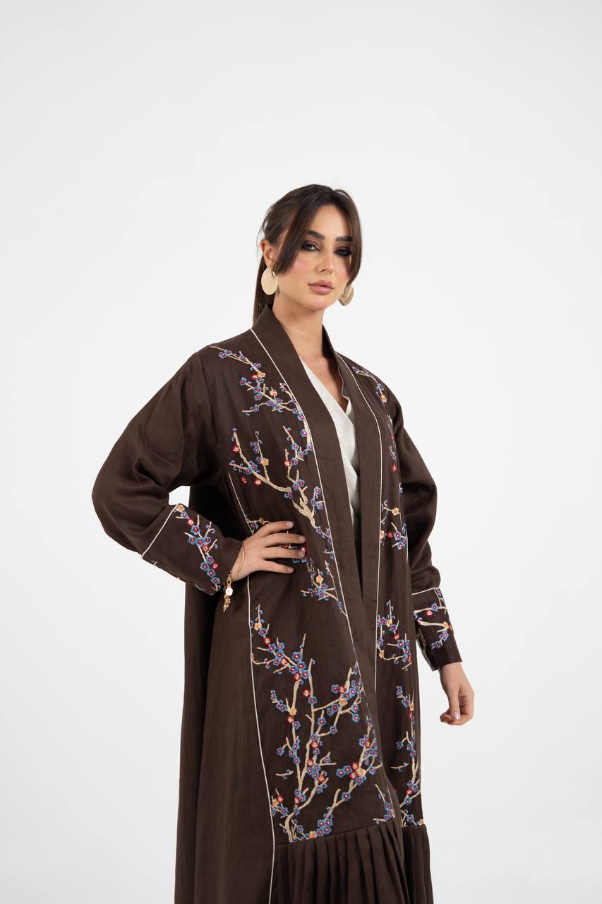 Linen abaya in brown with embroidery. C:6760