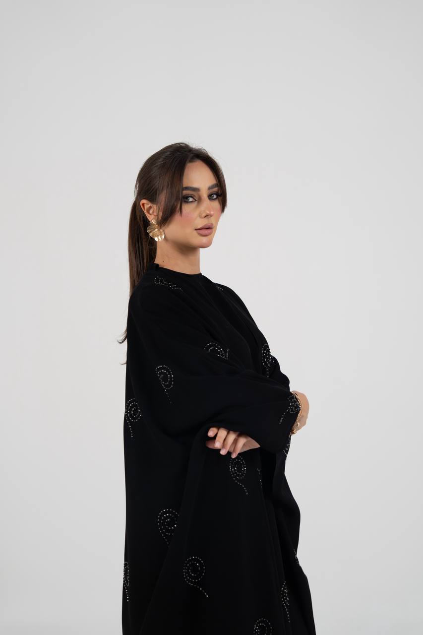 Black crepe abaya with beading and embroidery. C:6761