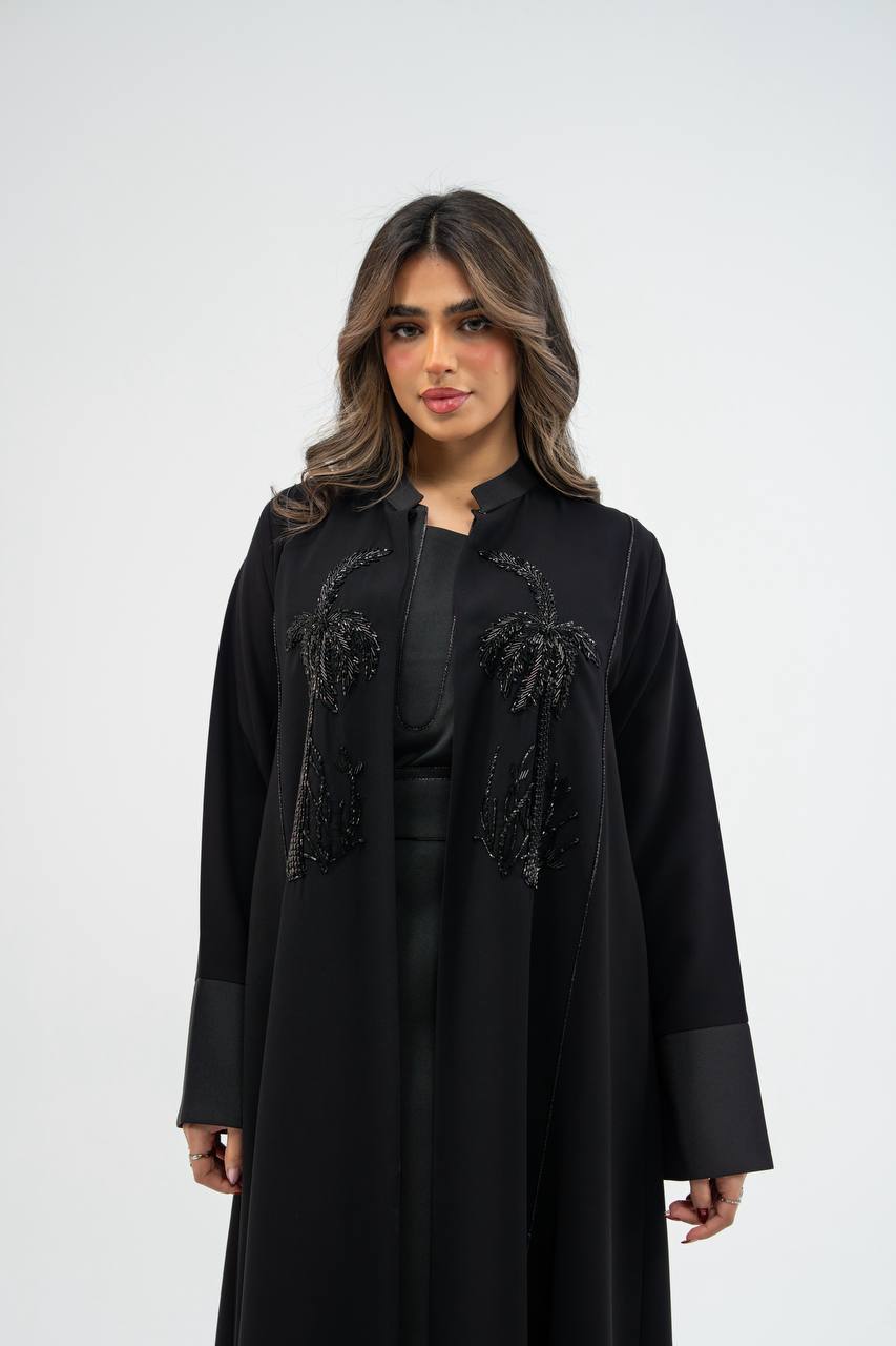 Black crepe abaya with hand-stitched details. C:6748 black.  crepe