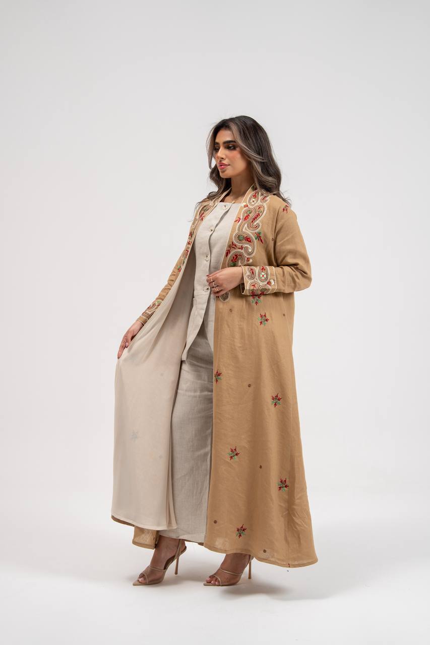 Beige linen abaya with embellishments. C:6772
