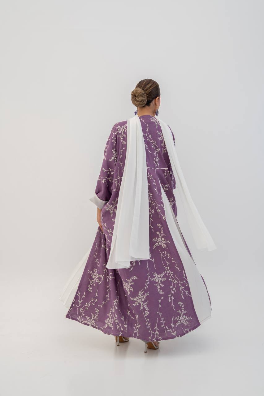 Linen abaya in purple with embroidery. C:6784