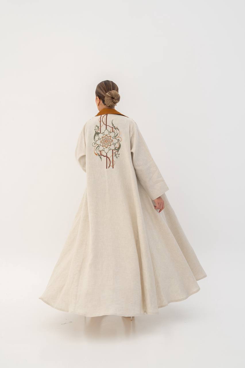 Beige linen abaya with embroidery. C:6787