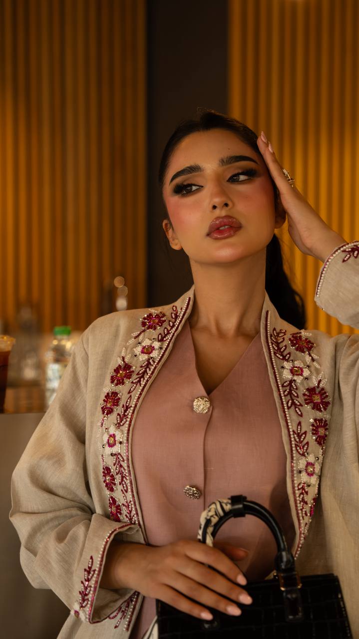 Linen abaya in beige with hand embroidery and beading. C:6791