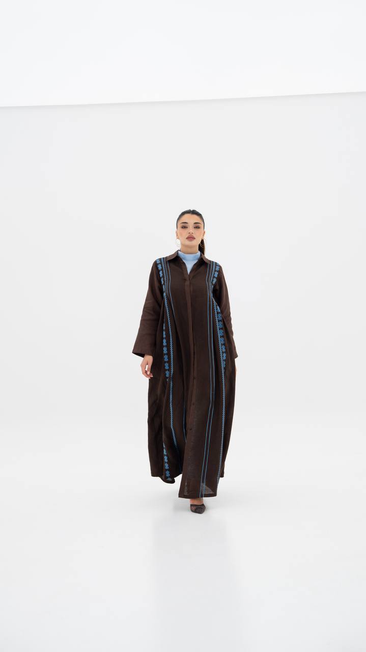 Linen abaya in brown with embroidery.C:6683