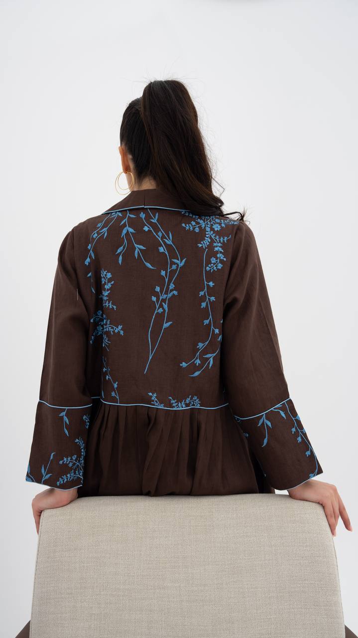 Beige linen abaya with embroidery.C:6786