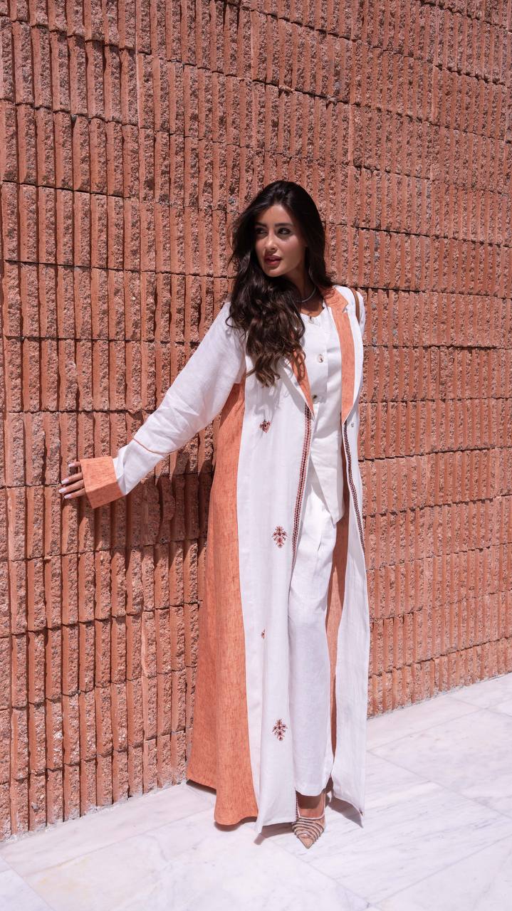 White and orange linen blazer abaya with embroidery. C:6794