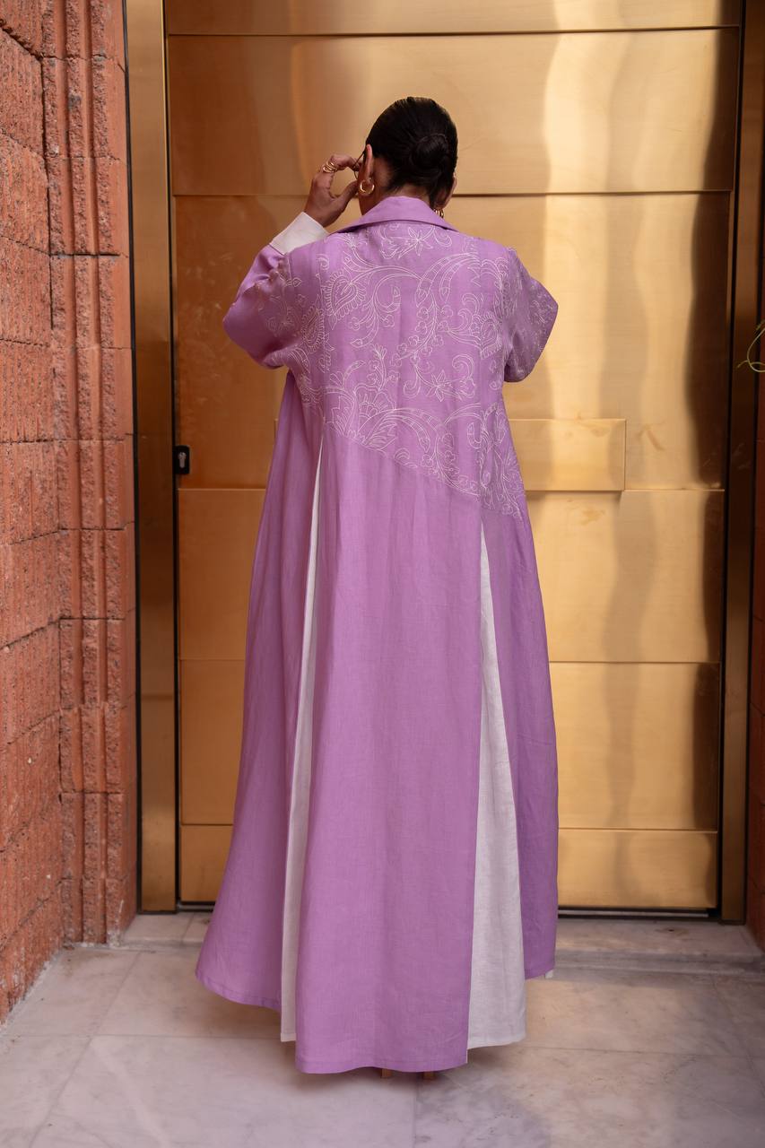Purple linen blazer abaya with embroidery. C:6793