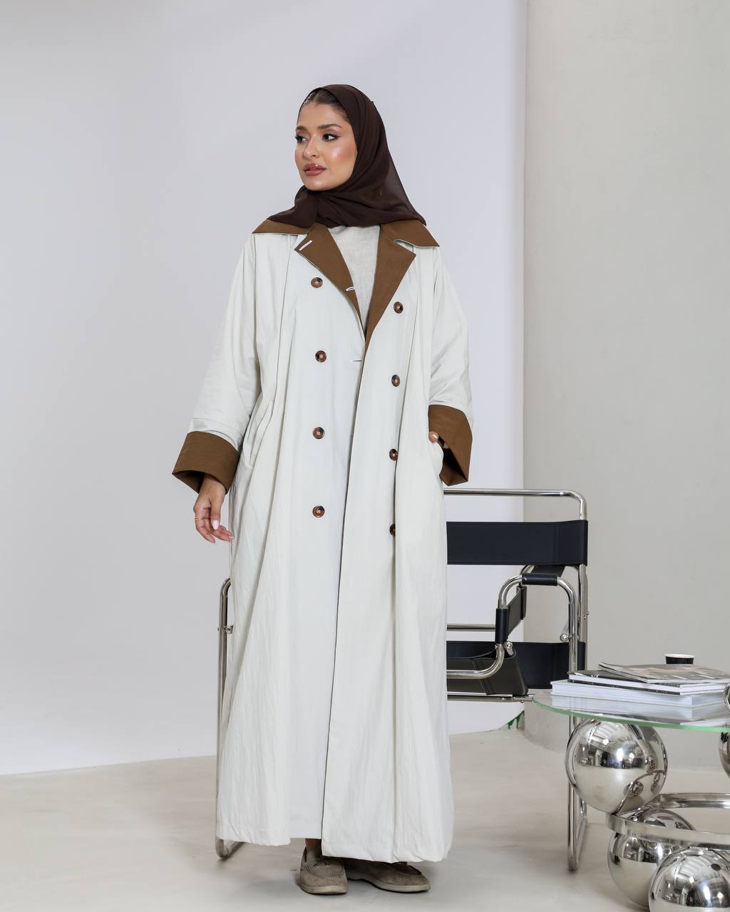 Free size trench coat, beige with brown details C:6656 Beige