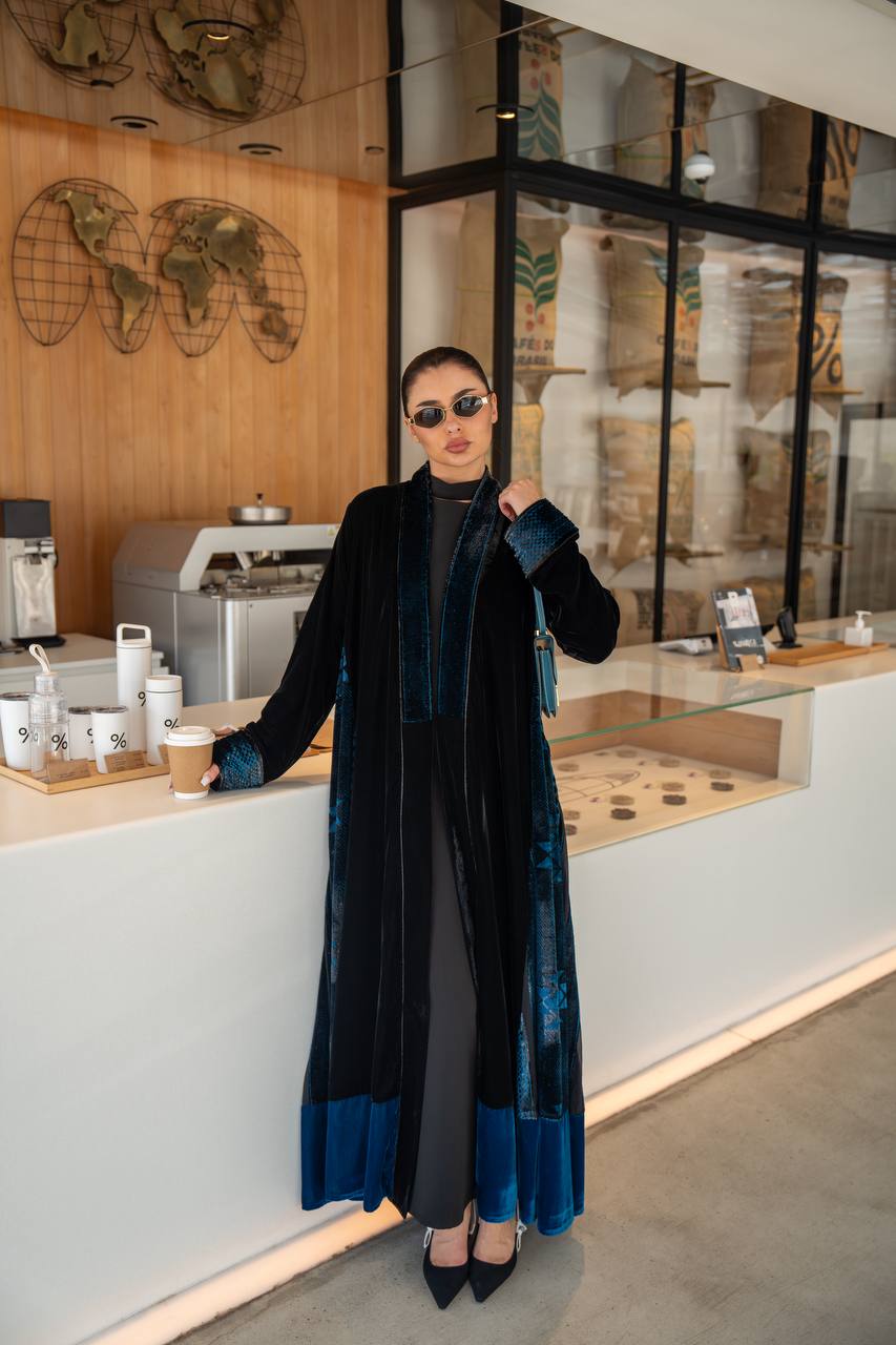 Black and turquoise velvet abaya. C:6701