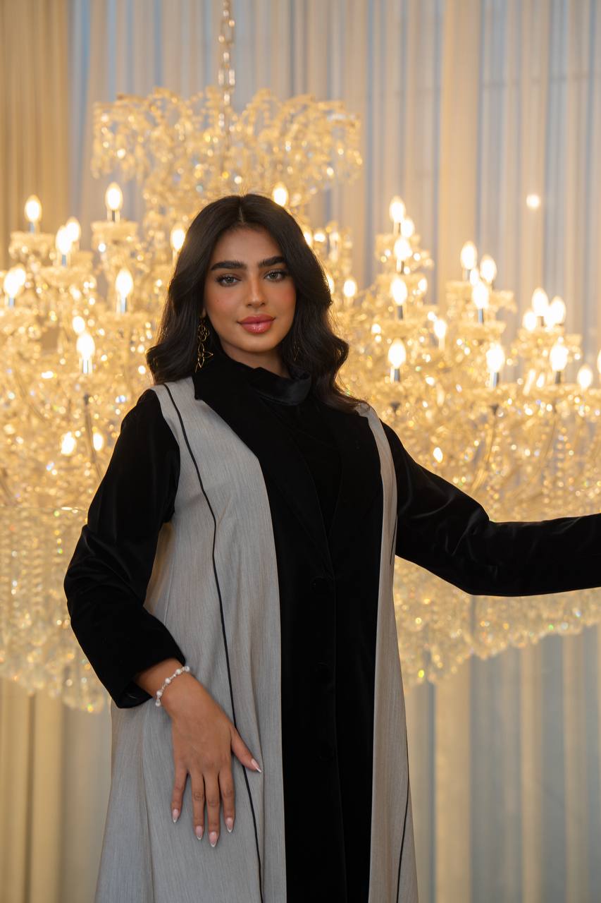 Grey crepe abaya with black velvet. C:6706