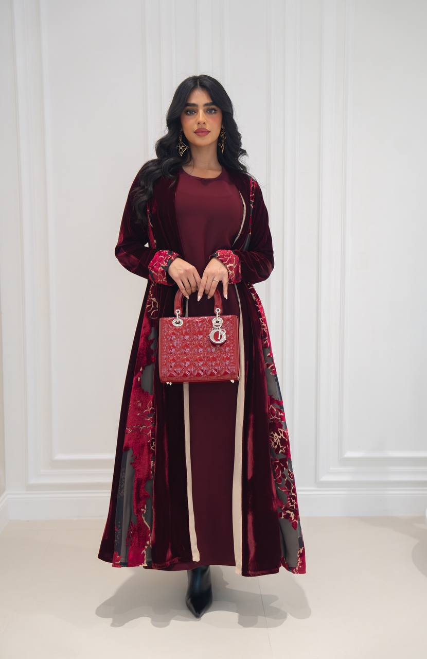 Burgundy velvet abaya. C:6573