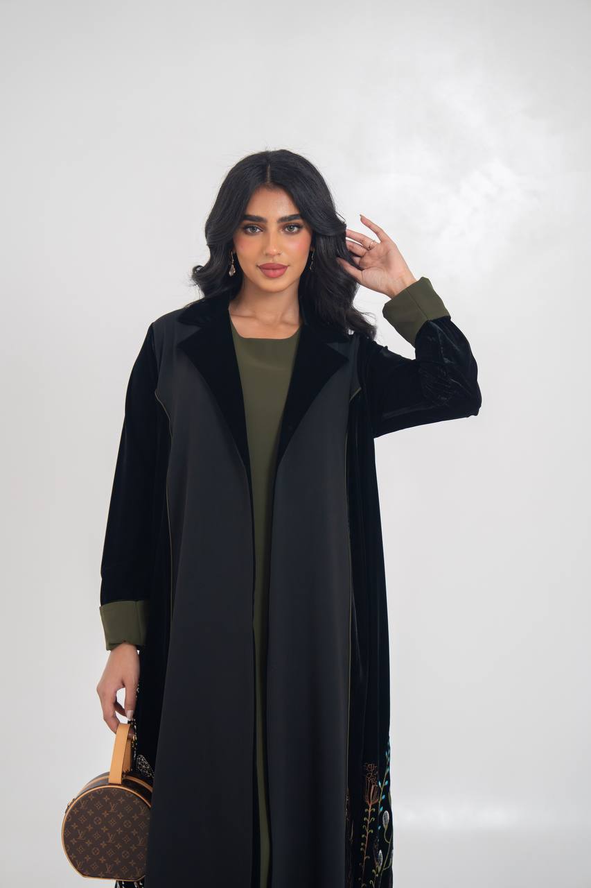 Velvet blazer abaya with crepe and embroidery. C:6711