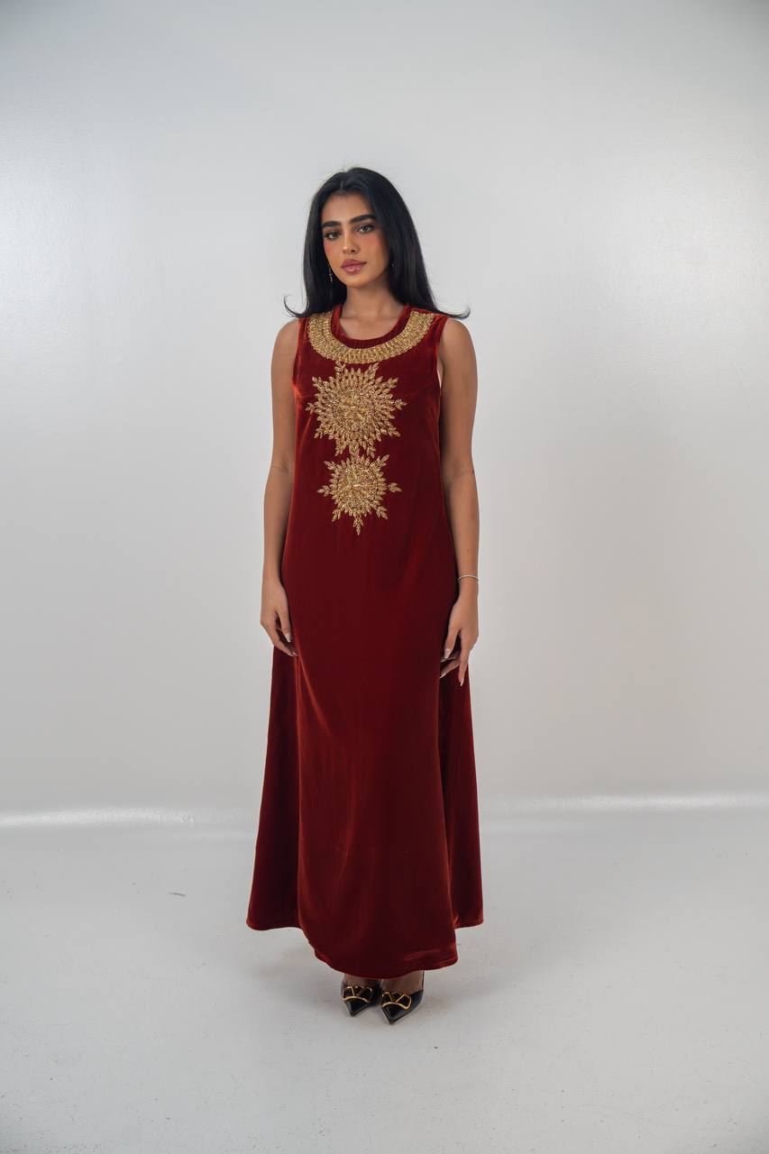 Bisht and dress set in burgundy velvet with hand embellishment.C:6714