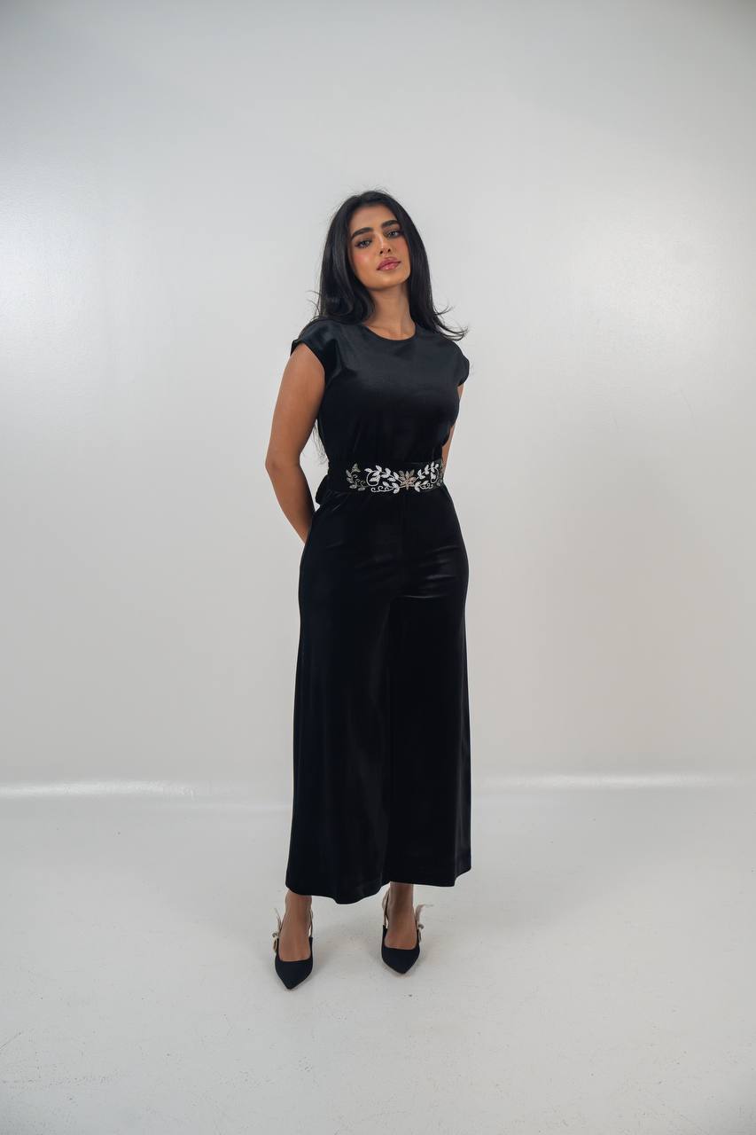 Velvet bisht and jumpsuit set in black with hand embellishment.C:6719