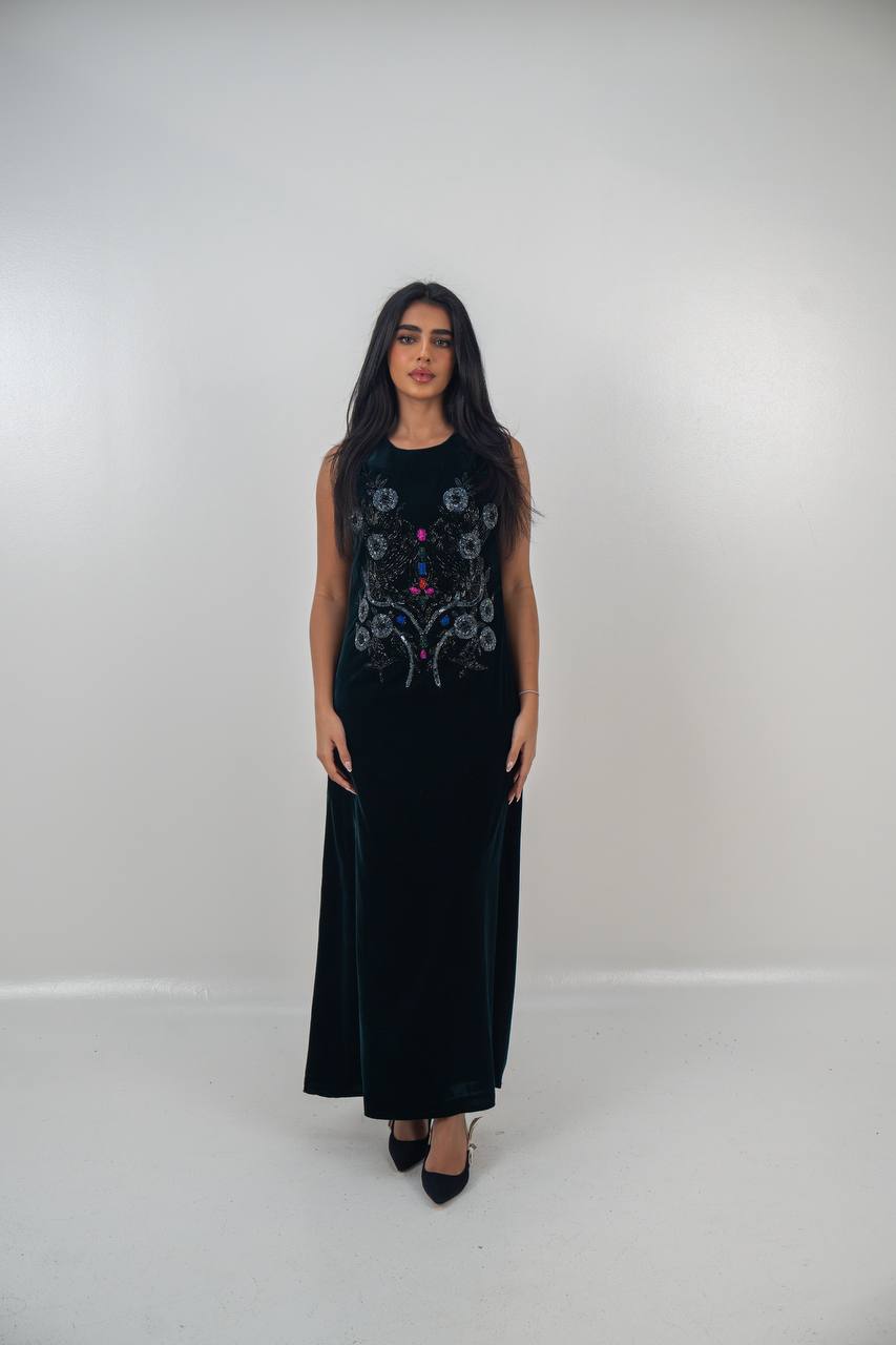 A set of bisht and dress, velvet in olive green with hand embroidery..C:6716