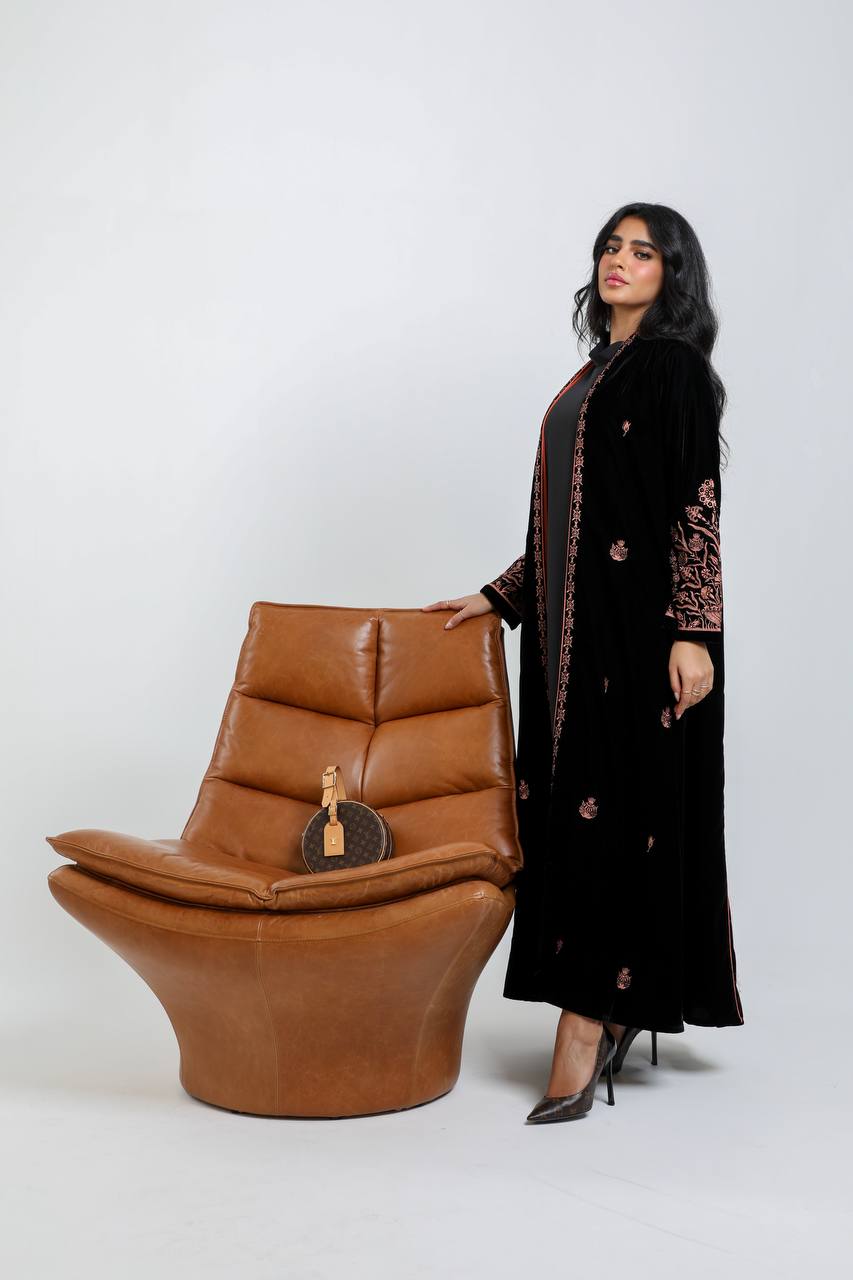 Black velvet abaya with orange embroidery. C:6721