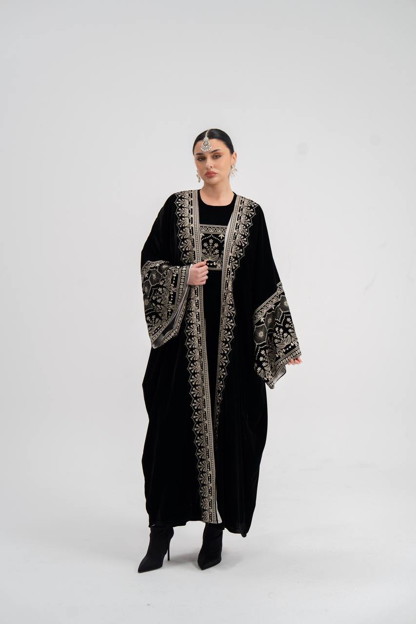Black velvet abaya with embroidery. C:6744