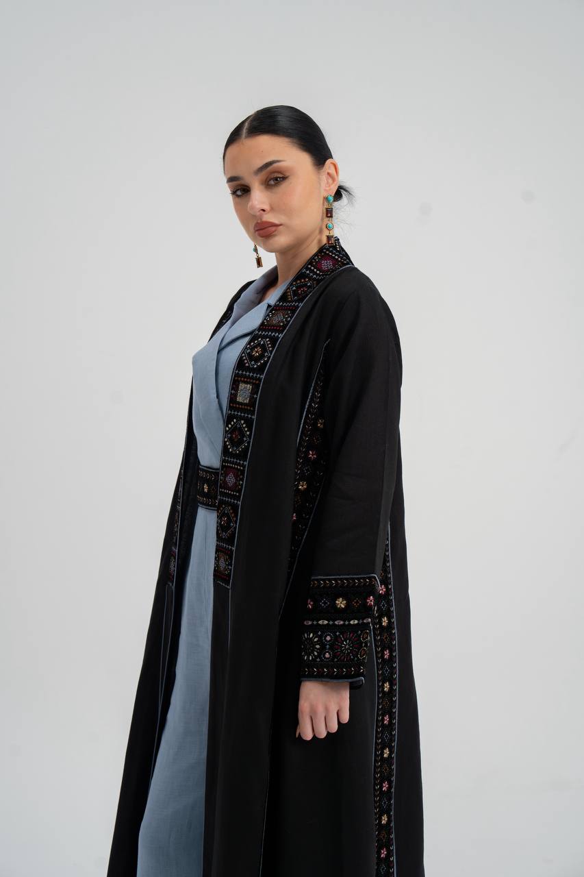 Linen abaya in black with embroidery.C:6746