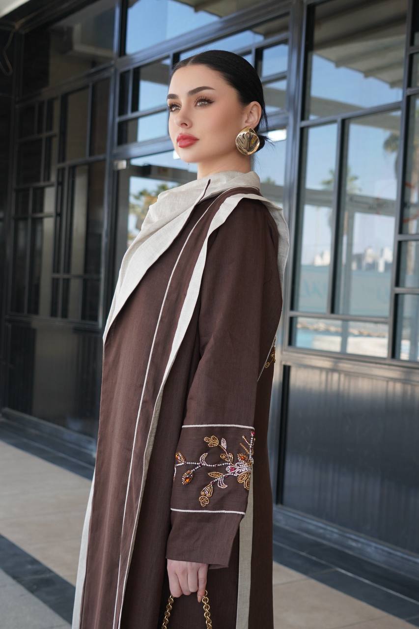 Brown linen blazer abaya with hand-stitched details. C:6755