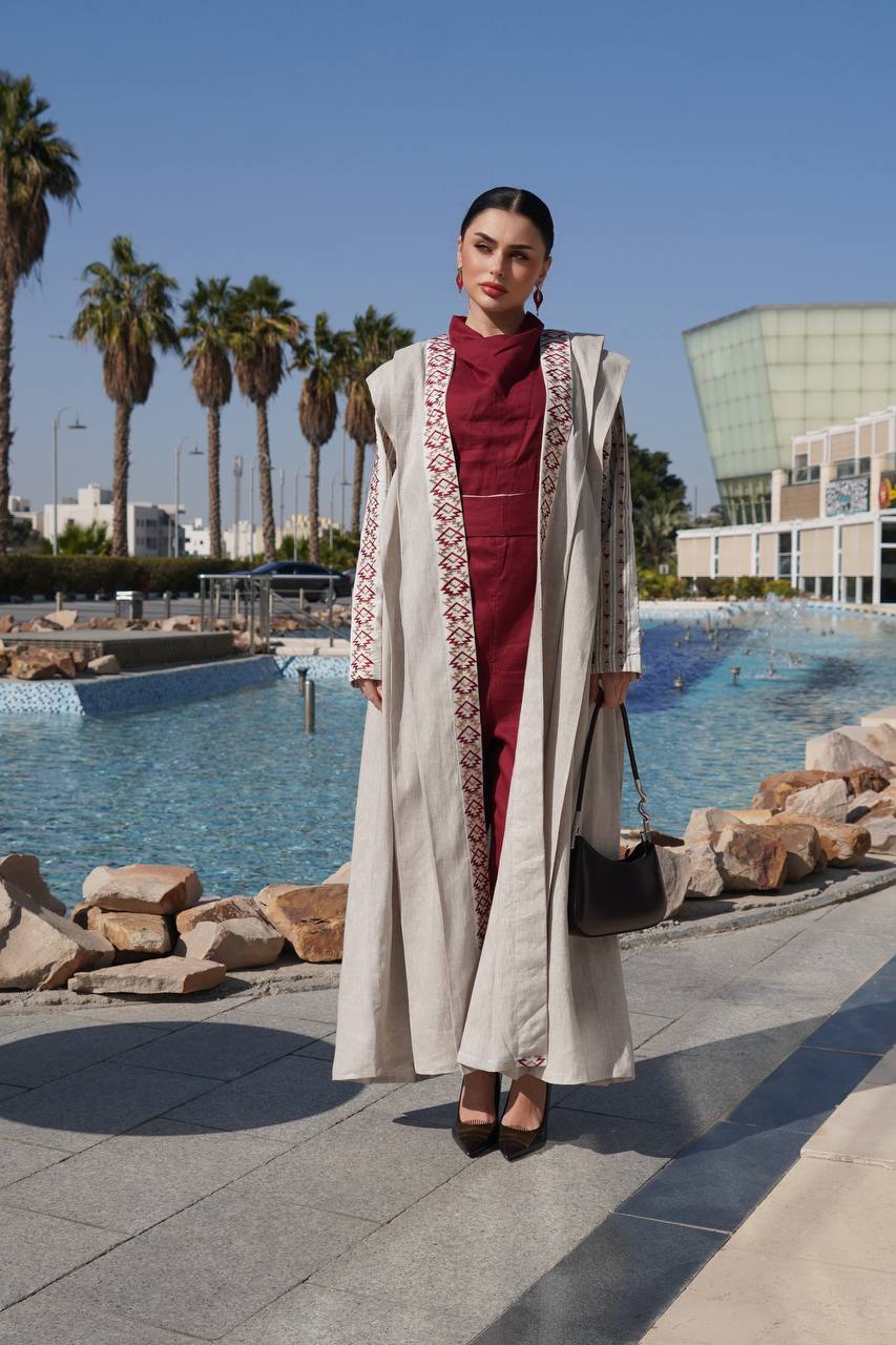 Beige linen abaya with embroidery. C:6758