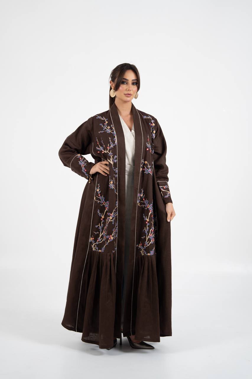 Linen abaya in brown with embroidery. C:6760