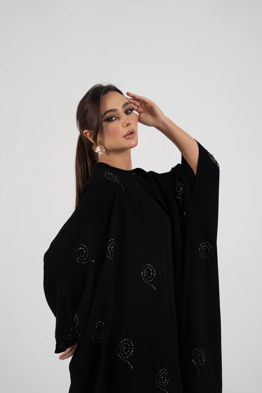 Black crepe abaya with beading and embroidery. C:6761