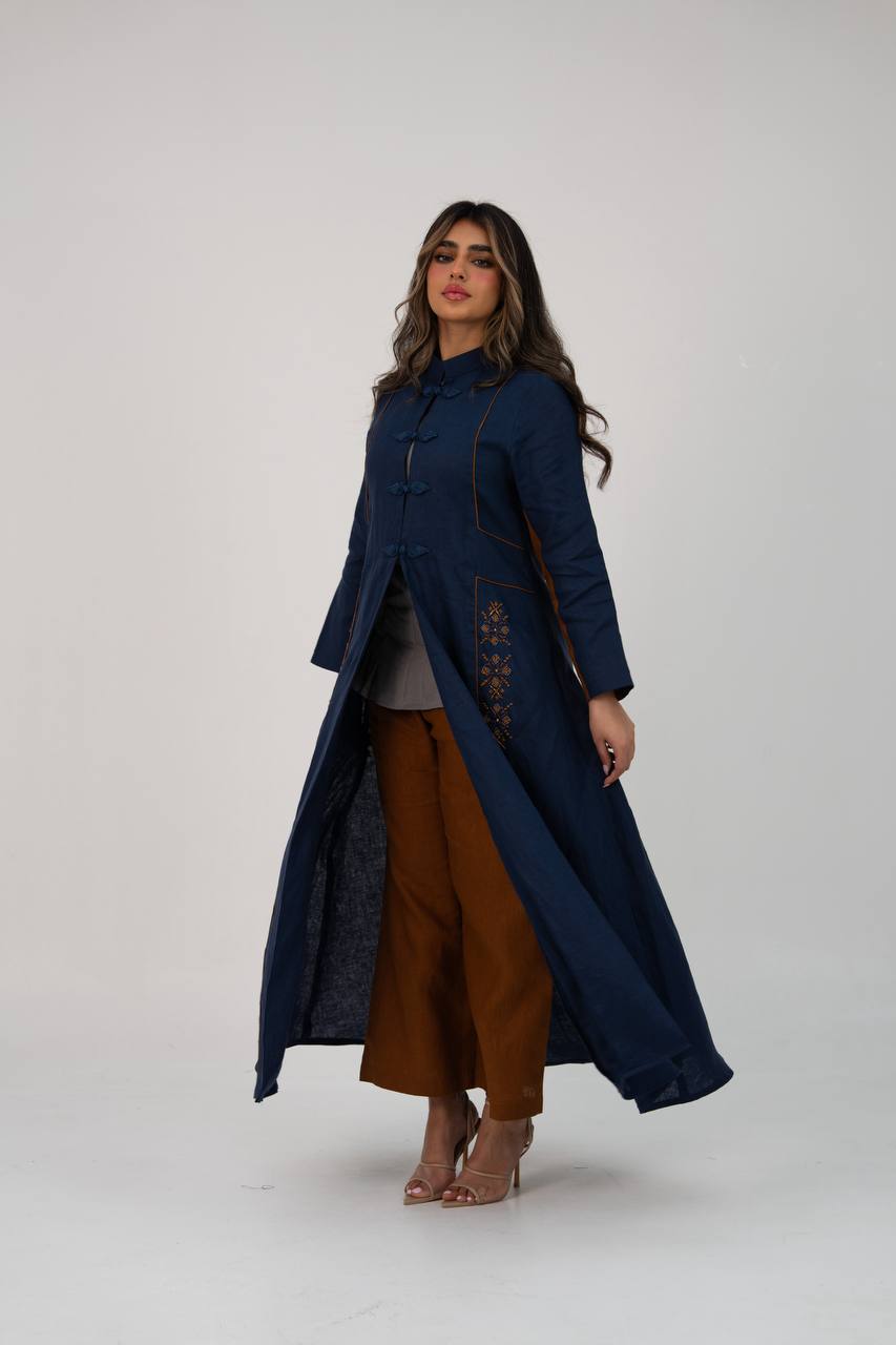 Linen abaya in navy blue with hand-stitched details. C:6766