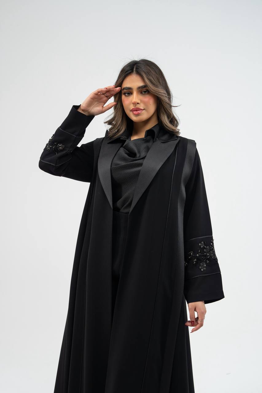 Black crepe fabric abaya with satin. C: 6755 black crepe