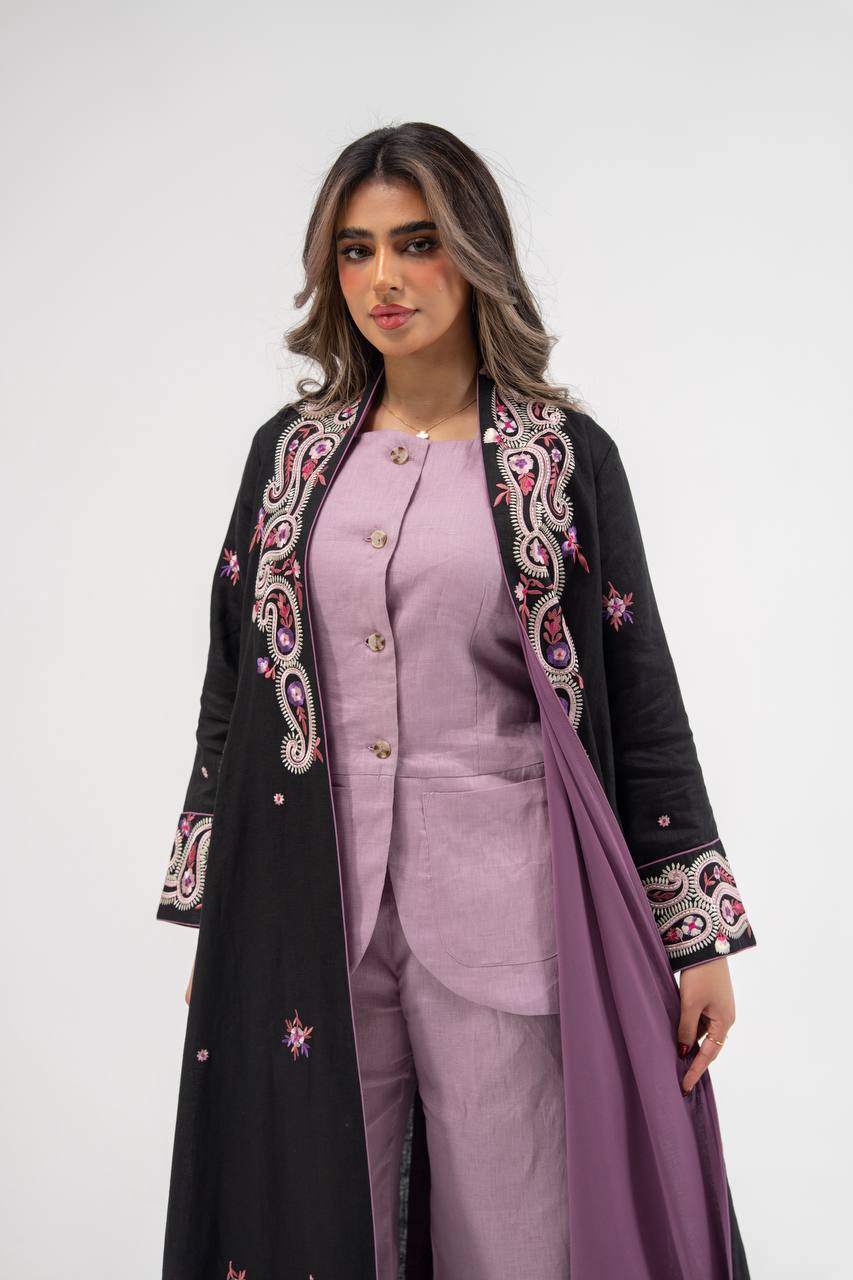 Linen abaya in black with embroidery. C:6772 Black