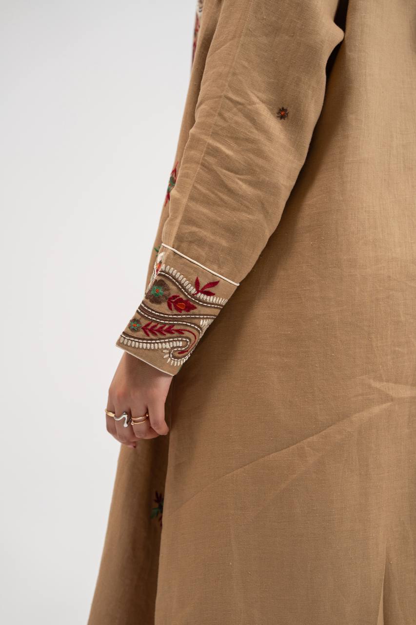 Beige linen abaya with embellishments. C:6772