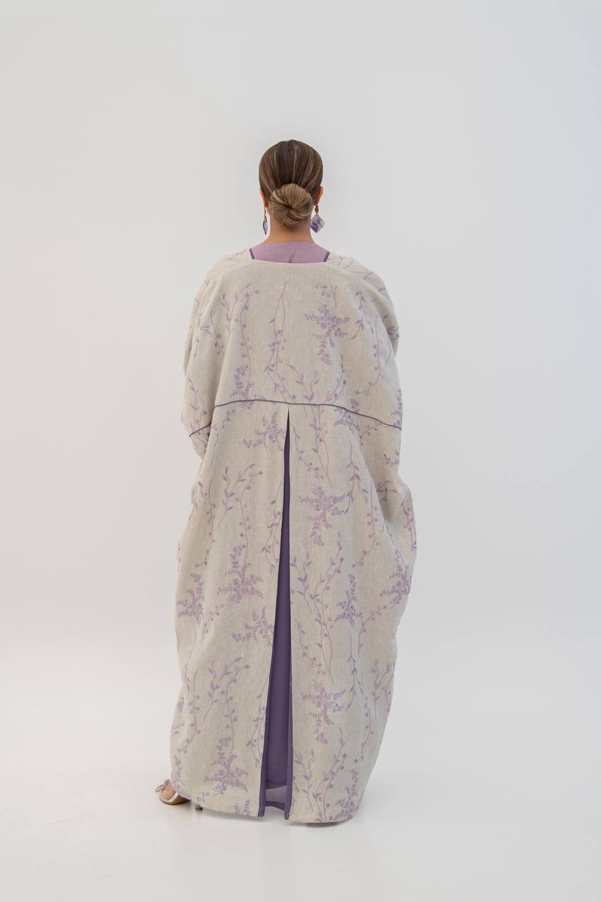 Beige linen abaya with embroidery. C:6784