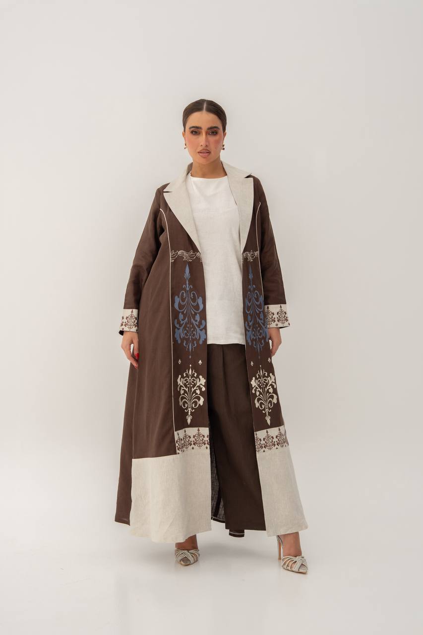 Linen abaya in brown with embroidery.C:6783 Brown