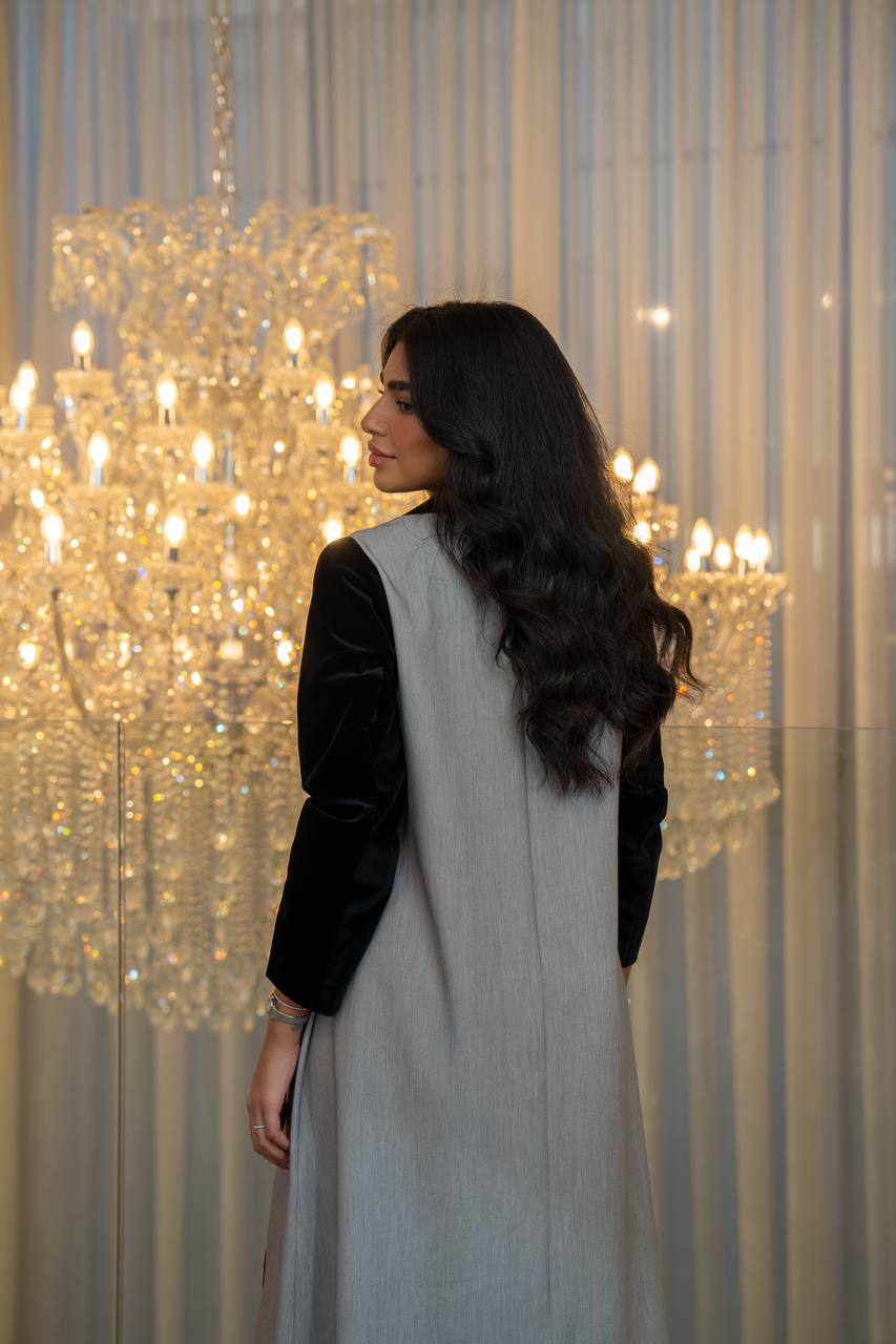 Grey crepe abaya with black velvet. C:6706