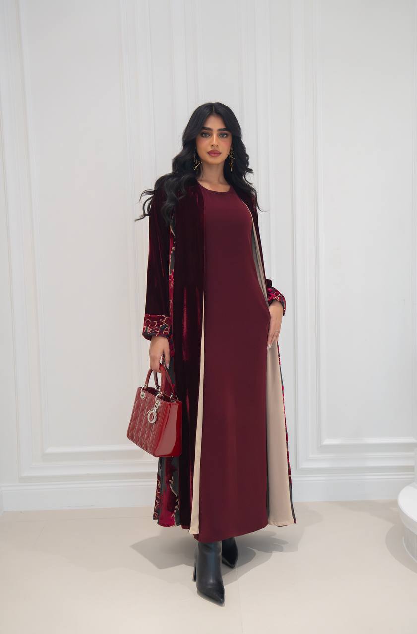 Burgundy velvet abaya. C:6573