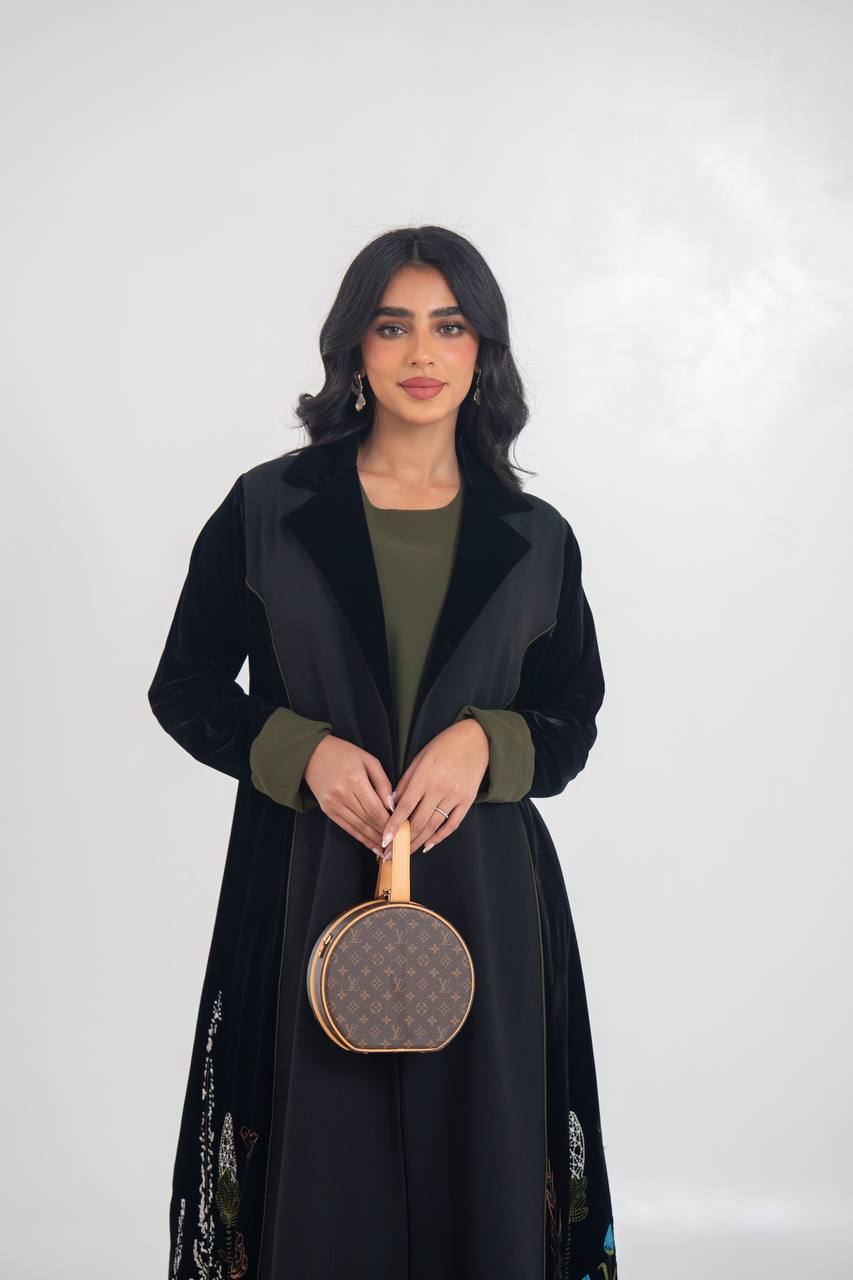 Velvet blazer abaya with crepe and embroidery. C:6711