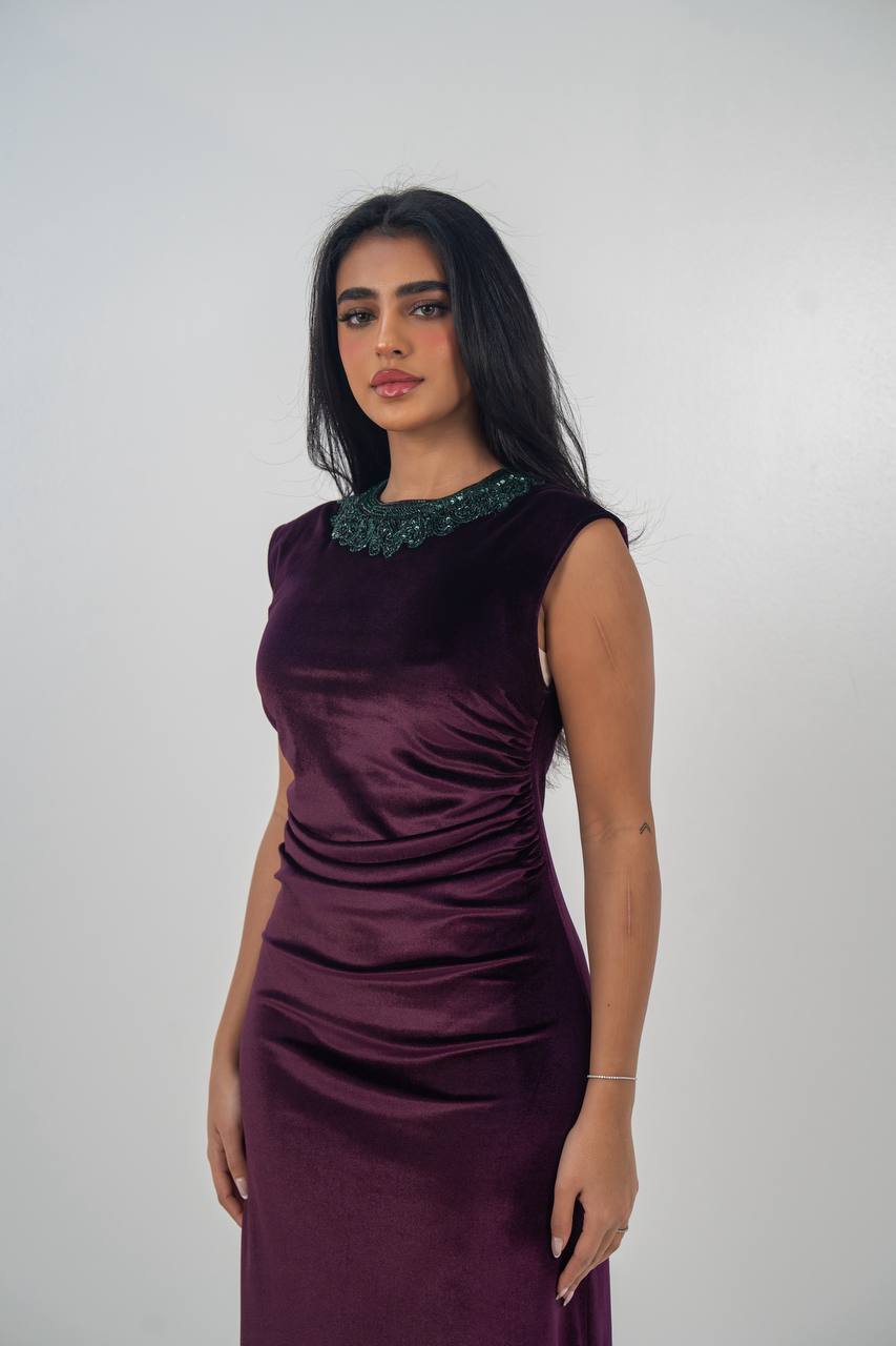 Velvet bisht and dress set in royal purple with hand embellishment.C:6715