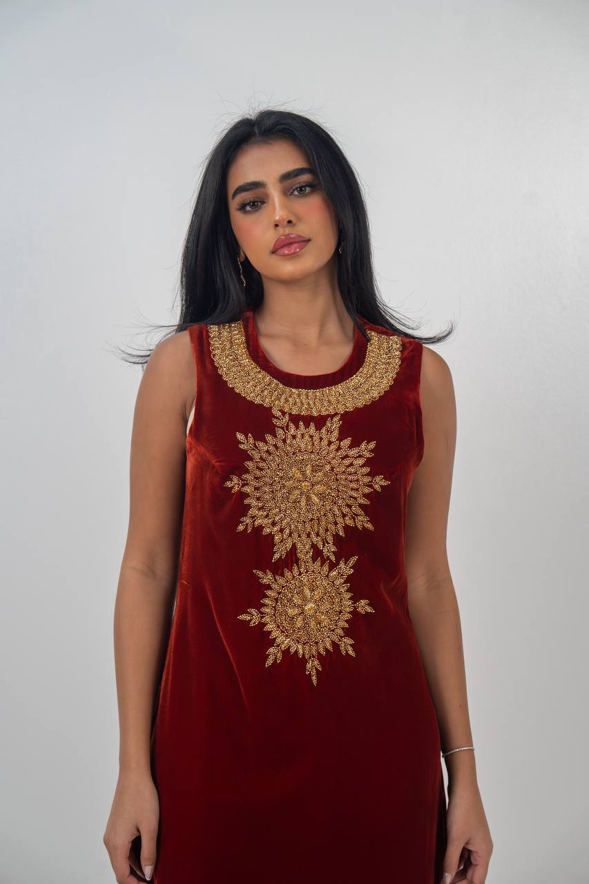 Bisht and dress set in burgundy velvet with hand embellishment.C:6714