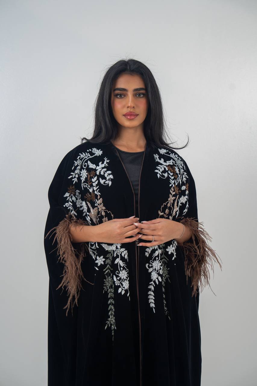 Velvet bisht and jumpsuit set in black with hand embellishment.C:6719