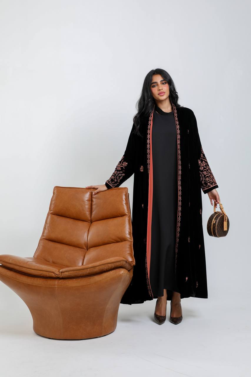 Black velvet abaya with orange embroidery. C:6721